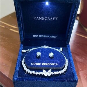 NWT Craft Silver-Plated Cubic Zirconia Butterfly Necklace and Stud Earrings Set